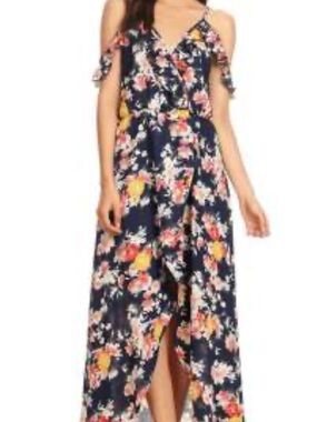 Xtaren Navy Floral Cold-Shoulder Maxi Dress with Pink & Yellow Blooms